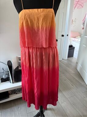 Leith Ombre Pleated Spaghetti-Strap Midi Dress in Yellow to Pink